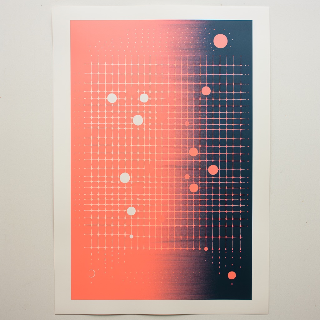 Stencil print minimalist, entity navigating an in - between phase, transitioning between two modes of being, risograph, poster, organic